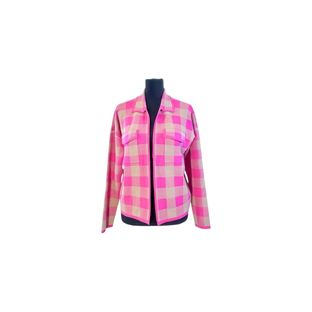 Cyrus Pink & Tan Buffalo Plaid Knit Cardigan - Size S